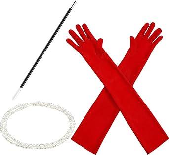 Pangda 3Pcs 1920s Costume Accessories for Women Red Long Satin Gloves Fancy Dress Plastic Stick Pearl Necklace Set