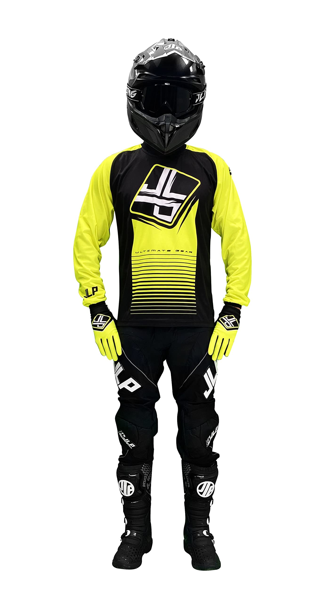JLP RACING TENUE PANTALON MAILLOT GANTS MOTO CROSS QUAD ENDURO VTT BMX MTB JAUNE FLUO STRIPES XL