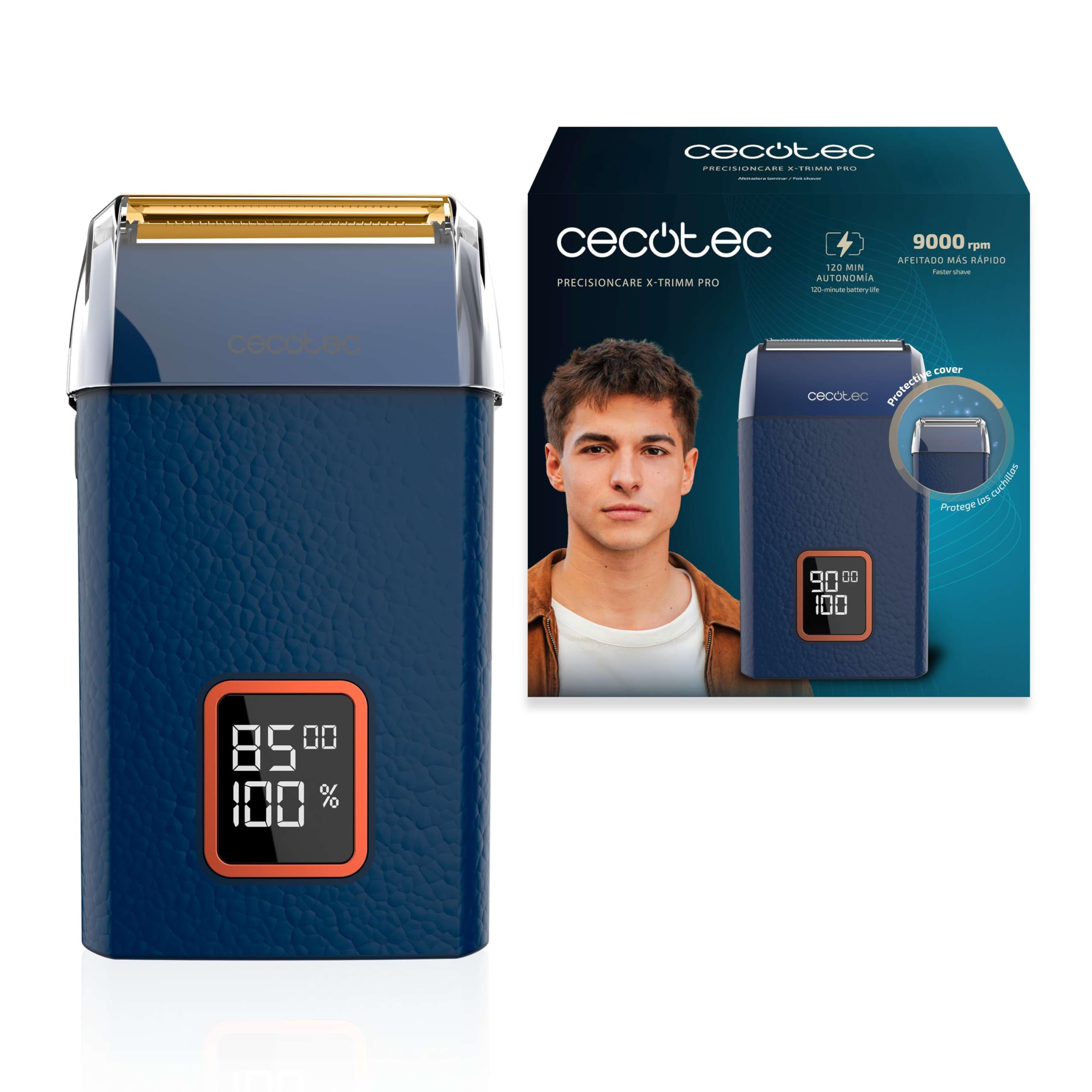 Cecotec PrecisionCare X-Trimm Shave Professional Laminar Shaver, Leather Body, 9000RPM Motor, 3 Speeds, Titanium Blades, LED Display, Battery Life 2h, Protective Cover and Travel Bag