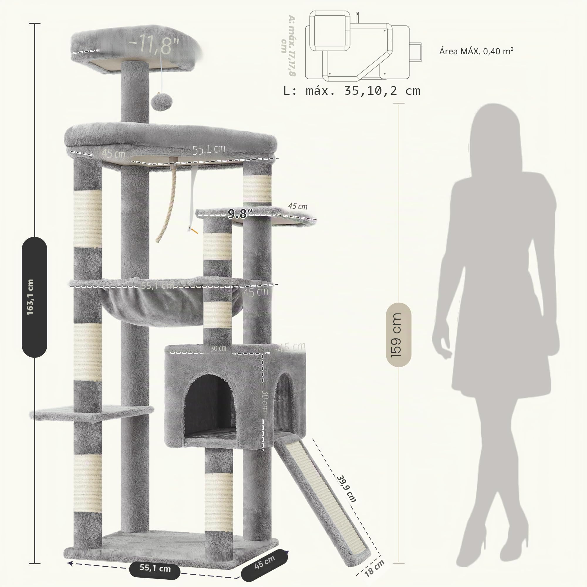 Heybly Árbol para Gatos, 163 cm Torre para Gatos Estable con Base Ancha, Plataforma Grande Espaciosa, Cama Colgante Extragrande, Postes Y Rascador De Sisal, Cesta para Gatos, Gris Claro HCT027W