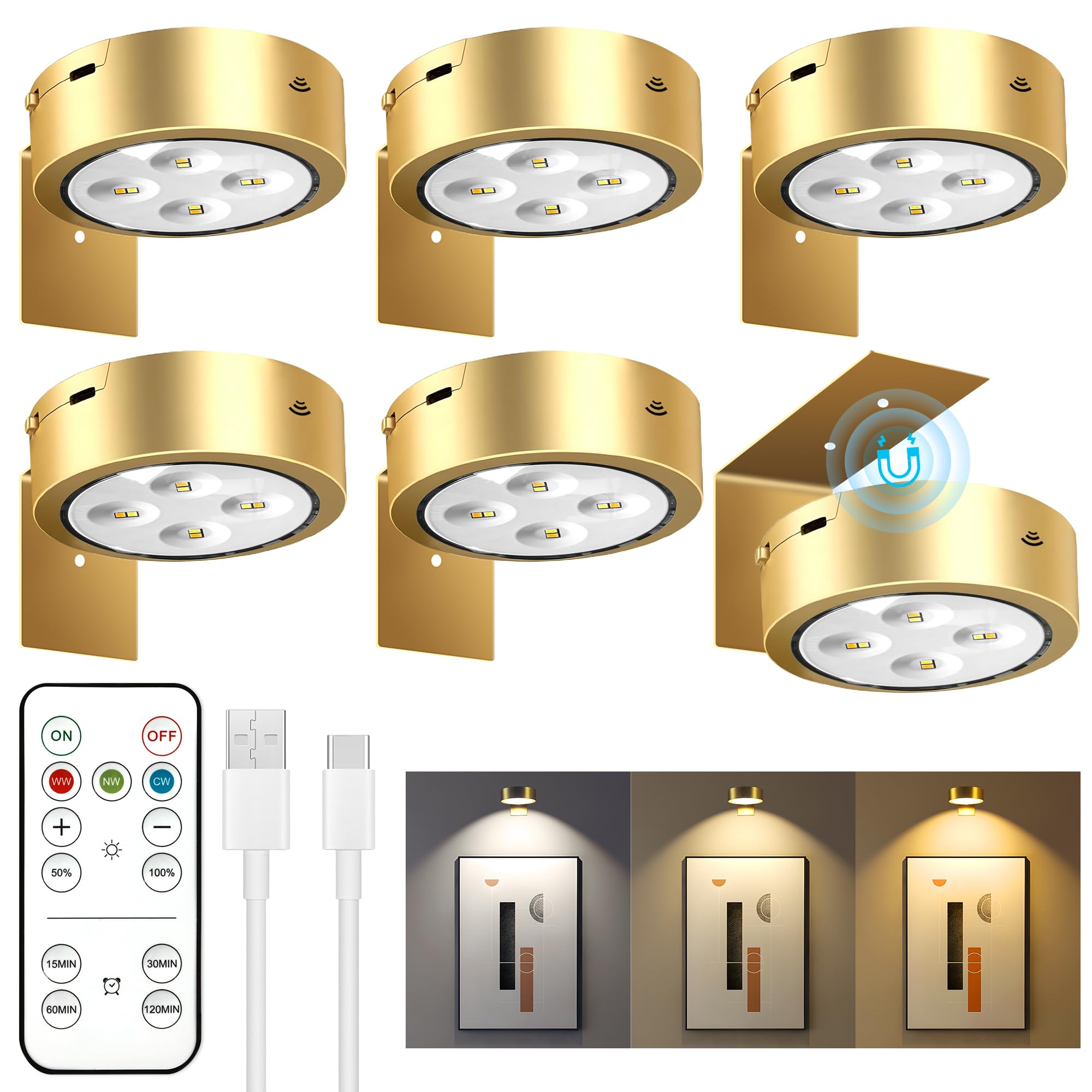 maylit 6 Pack Rechargeable Picture Lights, Battery Operated Sconces for Wall, Art Lighting for Paintings Wireless, Cordless Lights for Gallery Painting Picture Frame Photo Wall Poster Room Decor