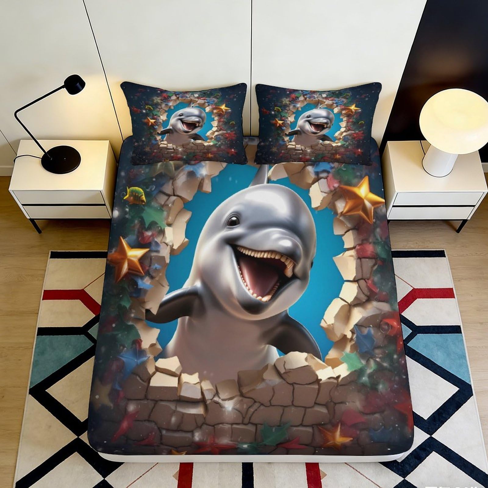 3D Printed Dolphin Ocean Fitted Sheet Microfiber Soft Decorative Starfish Bed Cover for Bedroom Guest Room 90x200x25cm