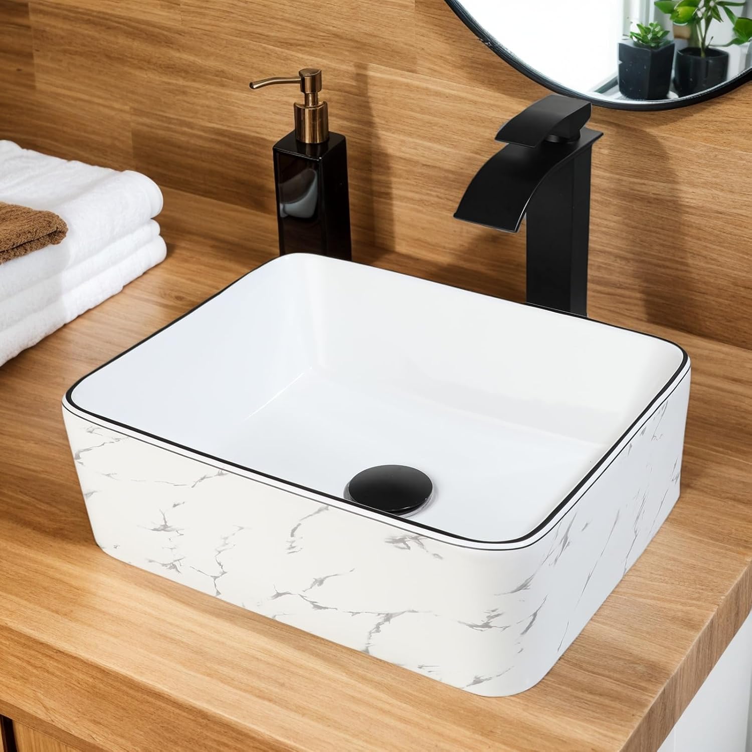 16 inch White Marble Ceramic Vessel Sink for Bathroom - Above Counter Rectangle Bathroom Sink with Faucet and Drain Combo, Modern Design