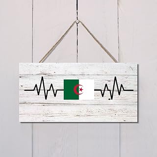 Wooden Sign Heartbeat Algeria National Flag Wood for Signs Home Decor Signs National Day Rustic Farmhouse Sign Hanging Wooden Sign Shop Store Salon 6x12in Valentine's Day Decorations