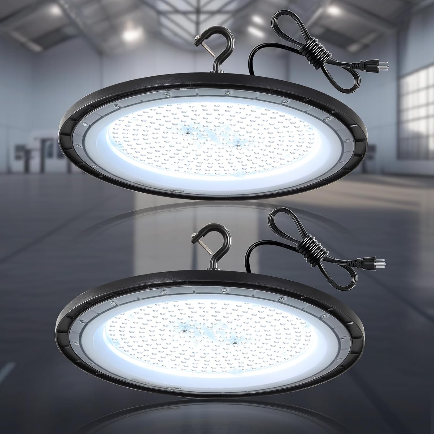 LED High Bay Light 100W 15000lm, LED High Bay Shop Light with US Plug, UFO LED High Bay Light for Garage Workshop Barn Warehouse, Commercial Bay Lighting 5000K-Daylight 2 Pack