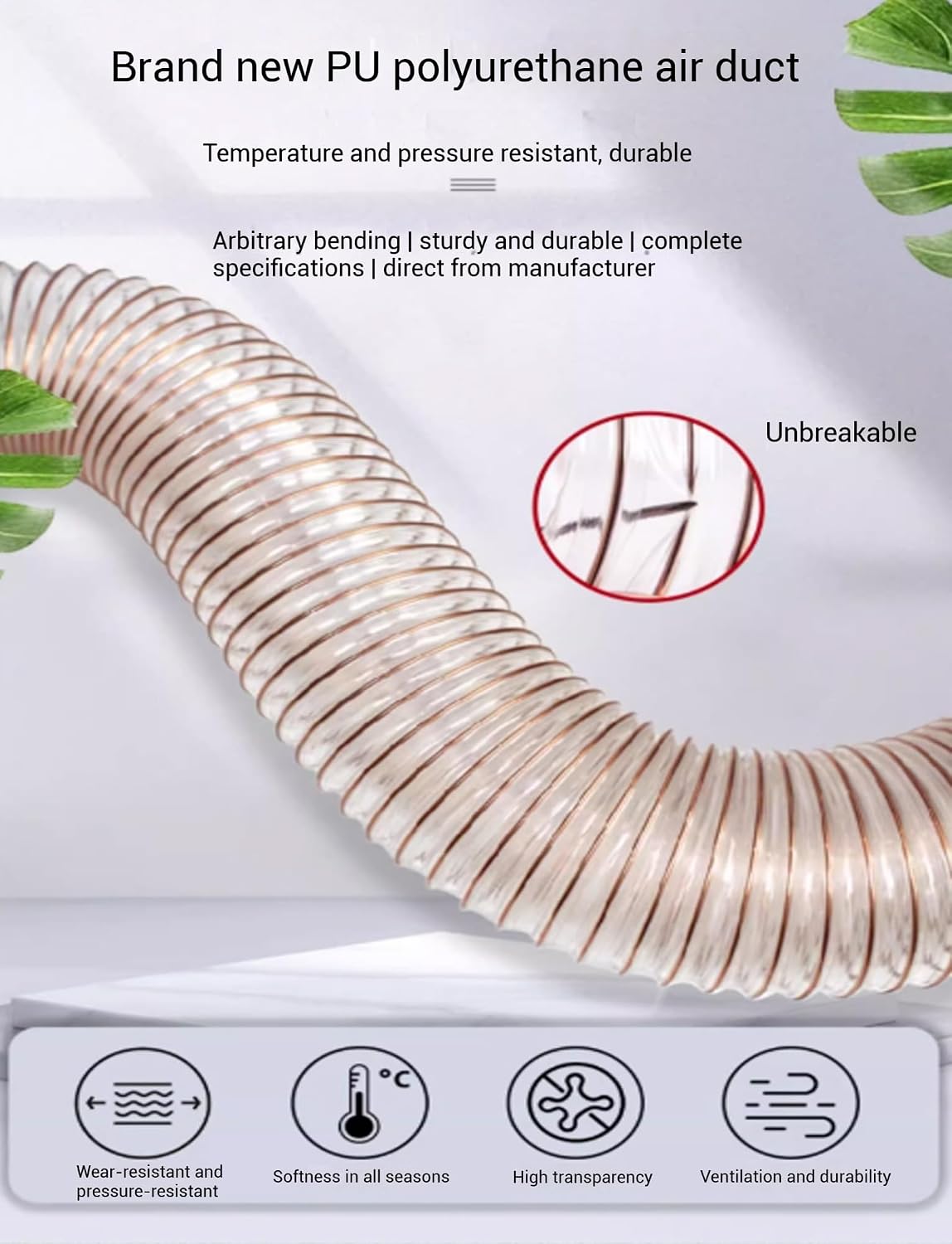 3.28' PU Dust Collection Hose, Clear Flexible Fume Debris Vacuum Collection Hose, for Woodworking Dust Collection(375mm)