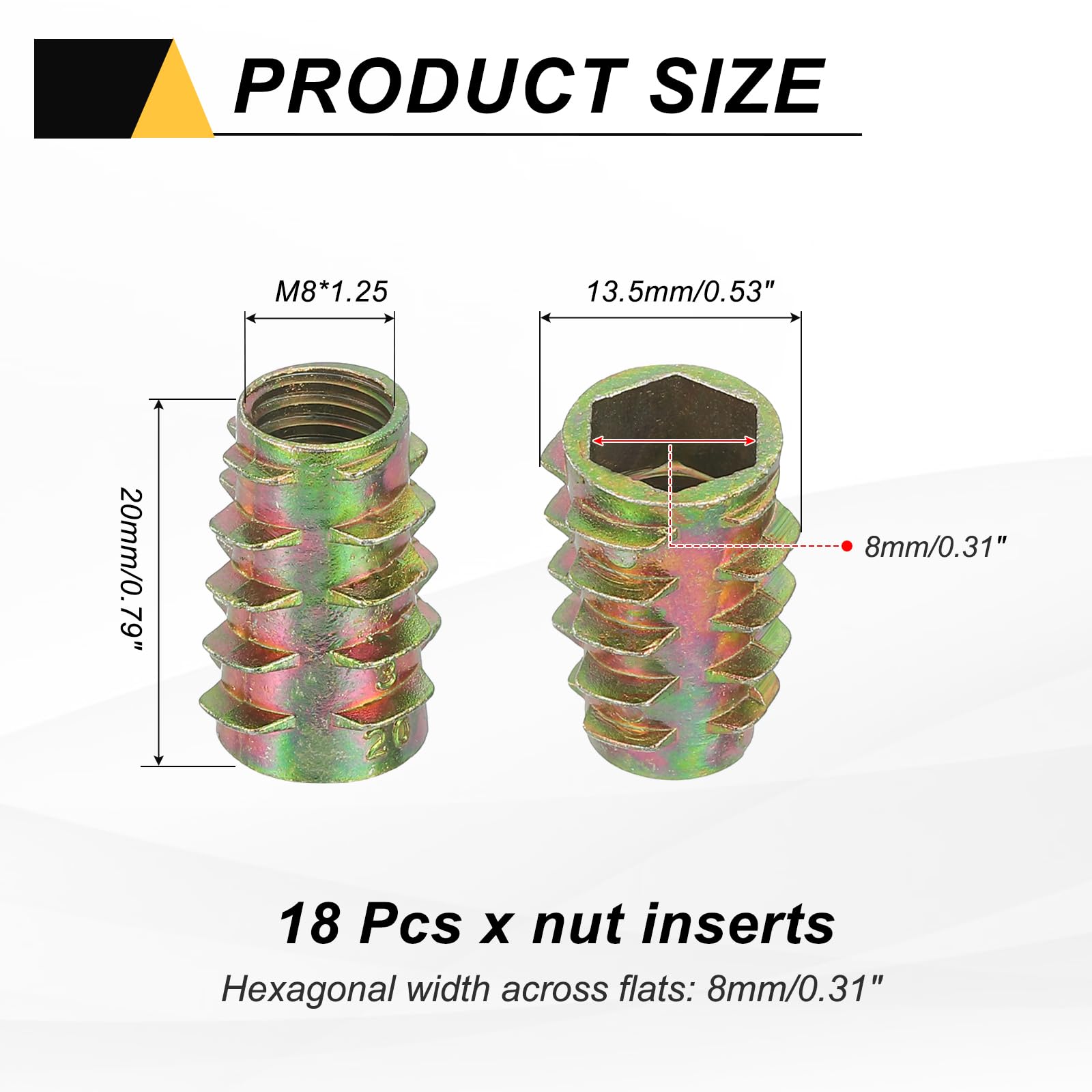 MECCANIXITY 18 Pcs Threaded Inserts for Wood, Zinc Alloy M8 Thread Inserts Nuts Hex-Flush Socket Drive Screw 20mm Length for Furniture, Cabinet, Tables and Chairs