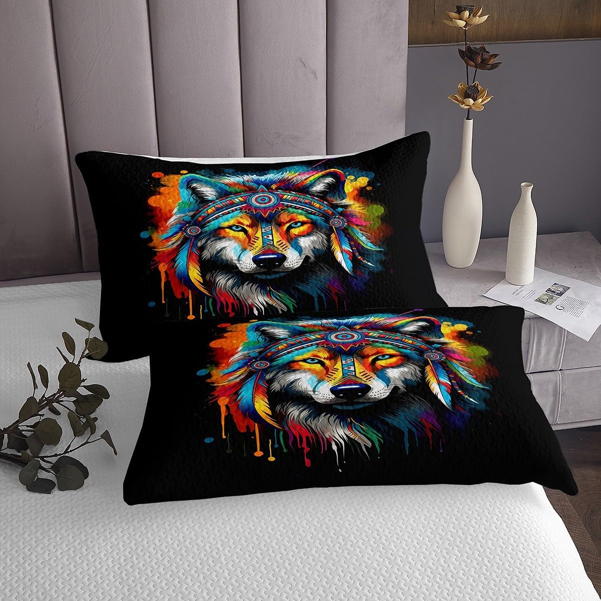 Erosebridal Hippie Wolf Coverlet Queen Size for Kids Boys Girls Rainbow Watercolor Bedding Set,Oil Painting Bedspread Set Wild Animal Wildlife Bed Spread Bohemian Mandala Bedroom Set,Cozy