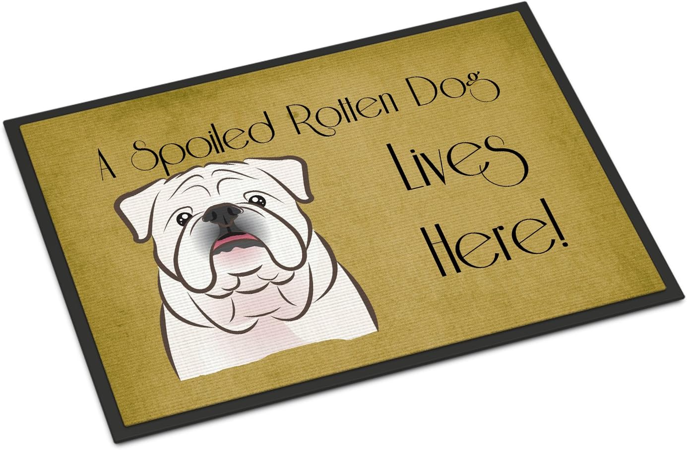 Caroline's Treasures BB1468MAT White English Bulldog Spoiled Dog Lives Here Doormat 18x27 Front Door Mat Indoor Outdoor Rugs for Entryway, Non Slip Washable Low Pile, 18H X 27W