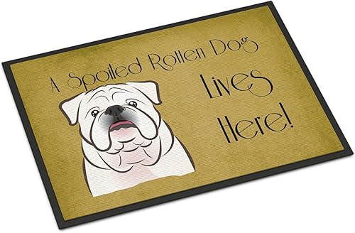 Caroline's Treasures BB1468MAT - Tapete blanco con diseño de bulldog inglés y perro mimado vive aquí, 18 x 27 pulgadas, tapete para puerta