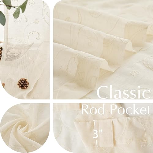 Miniatura 6 de jinchan Cortinas bordadas de lino transparentes de 84 pulgadas de largo para sala de estar, cortinas bordadas, 2 paneles de cortinas de gasa con