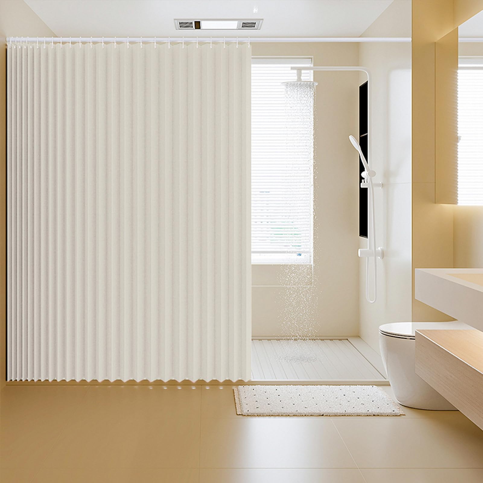 Icegrey Cortina de Ducha magnética Plegable Impermeable con Ganchos, Cortinas de Ducha de Lino poliéster en Acordeón para baño, Beige, 200x180cm