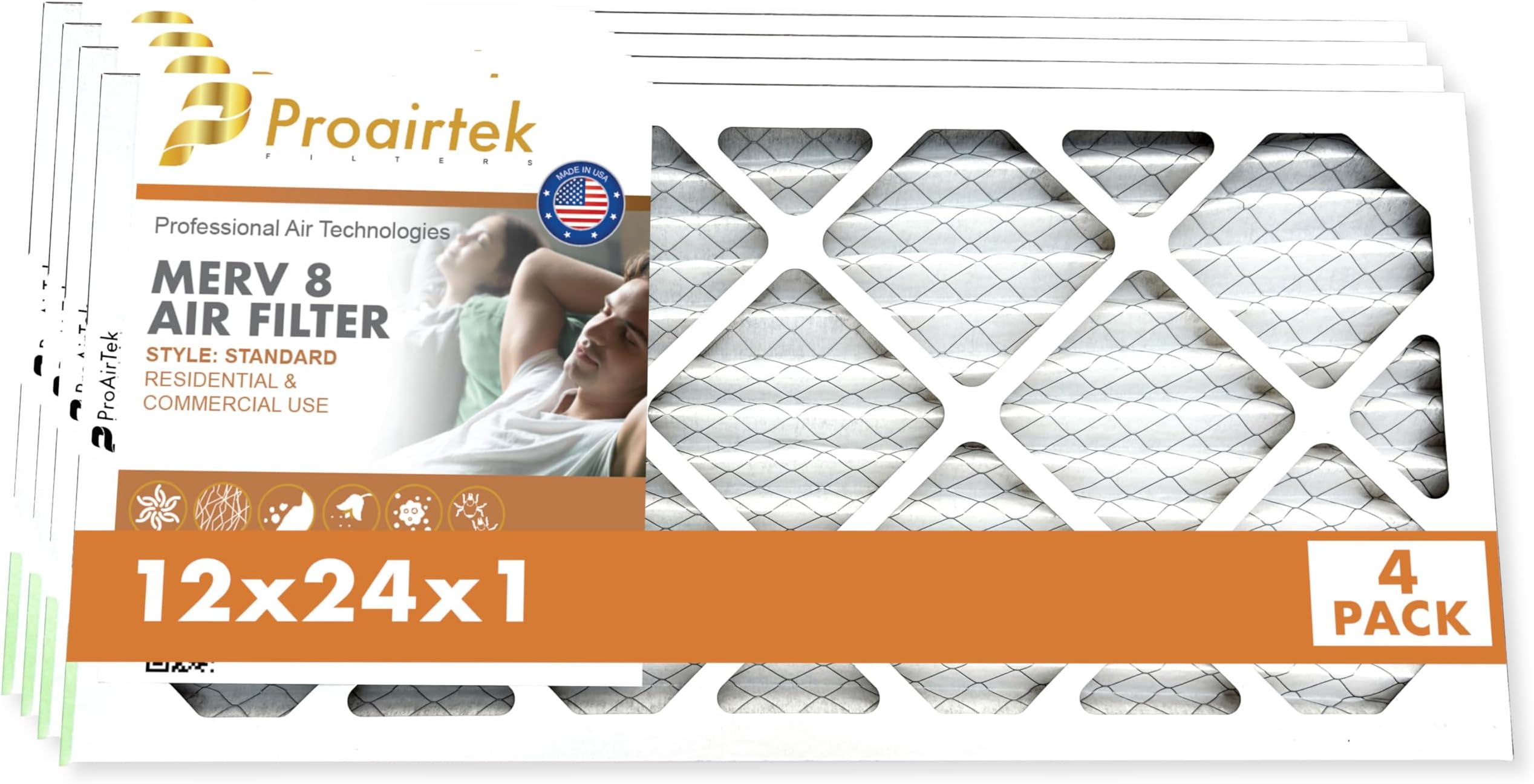 Proairtek AF12241M08SWH Model 12x24x1 Pack of 4 Air Filters, MERV 8; Ideal for Anyone Wanting Clean, Crisp Air in Their Home; It Captures Microscopic Airborne Particles Without Impacting Air Flow