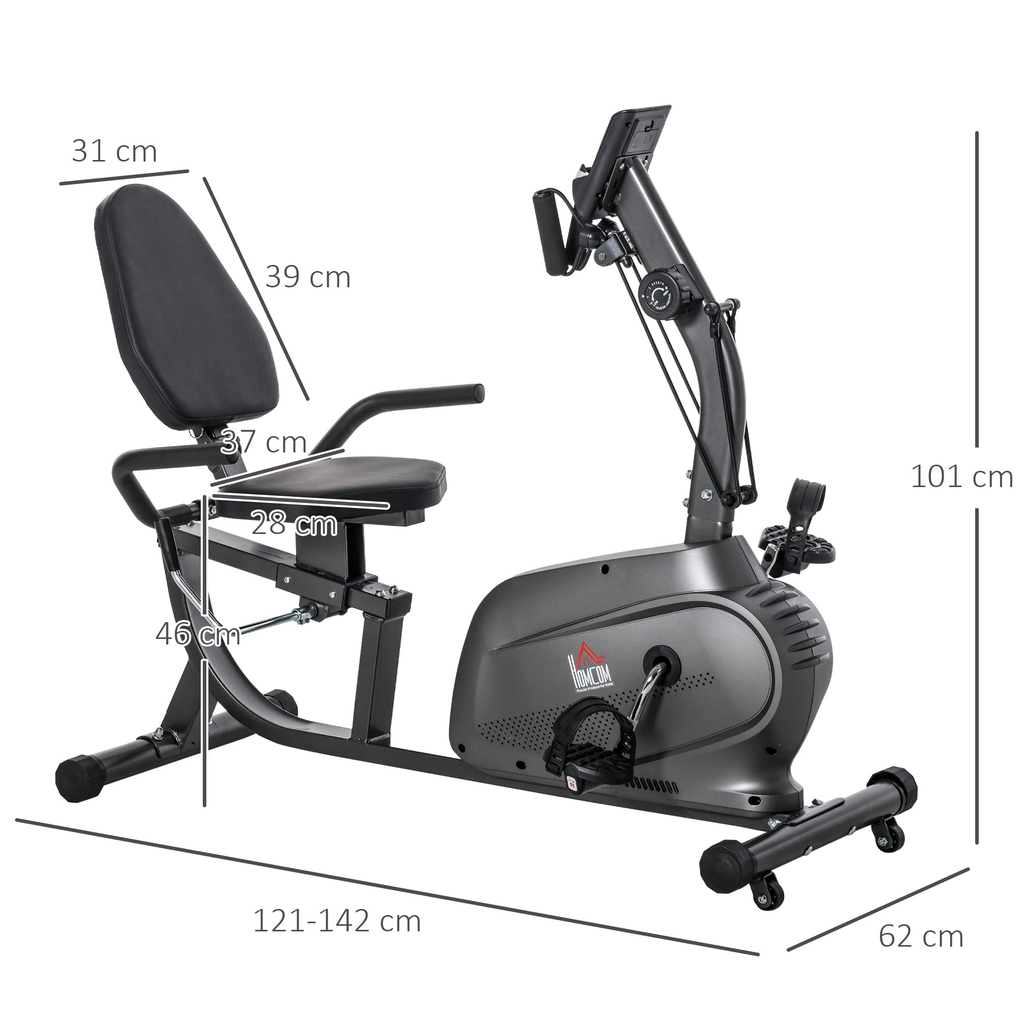 HOMCOM Cyclette Orizzontale con 8 Livelli di Resistenza e Seduta Regolabile, Cyclette Magnetica Professionale con Corde Elastiche e Porta Cellulare, Display LCD, per Riabilitazione Casa Anziani