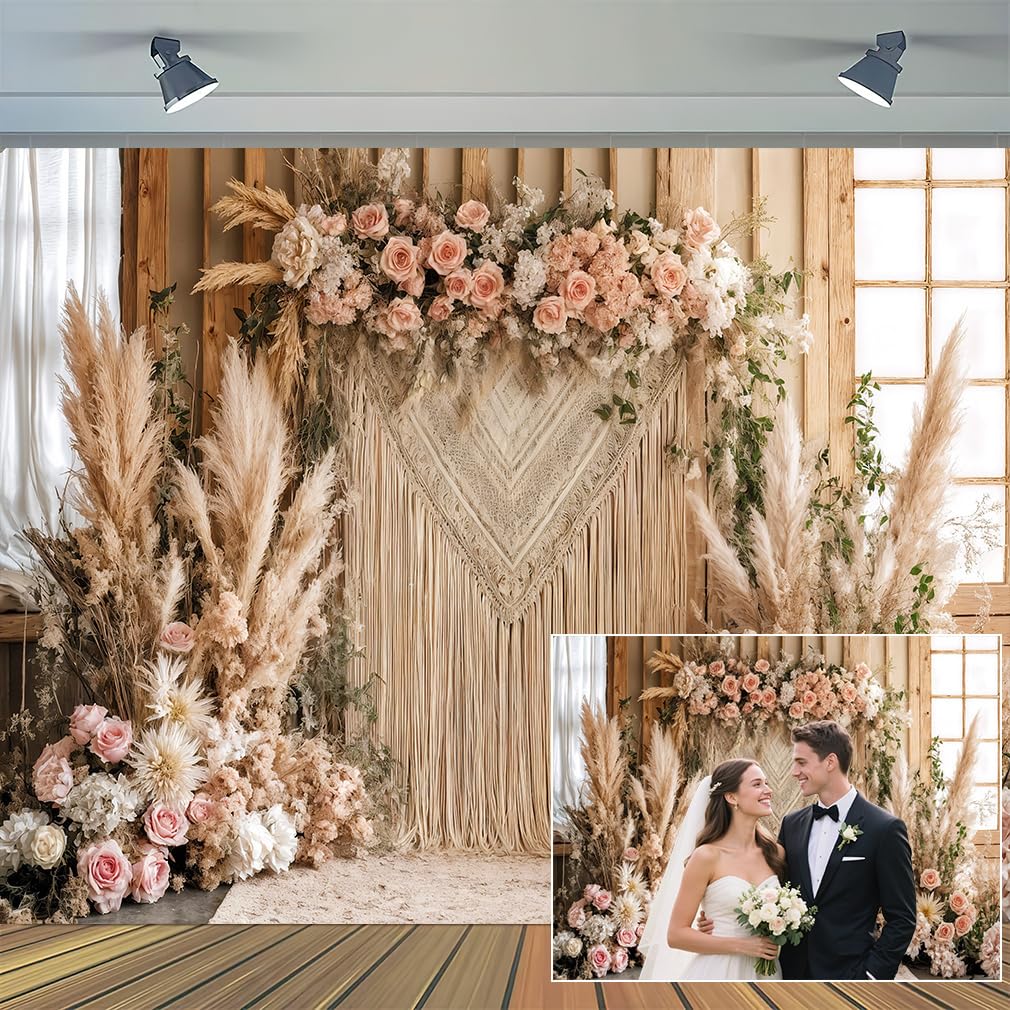 3,7 x 3 m Bohemian Pampas Erba Fiore Sfondo Retro Boho Fiori Finestra Fotografia Sfondo Nuziale Anniversario Compleanno Baby Shower Decorazione