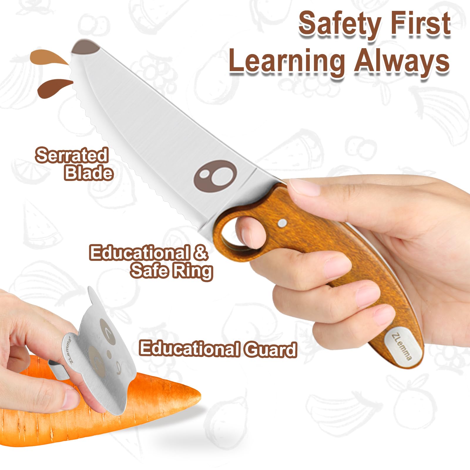 Kids Knife Set for Real Cooking with Educational Ring & Serrated Blade Edge & Panda Finger Guard 4-Pieces, Kids Chef Knife Set with Rosewood Handle Stainless Steel Blade For Starter Cutting Learning — Amazon image 2