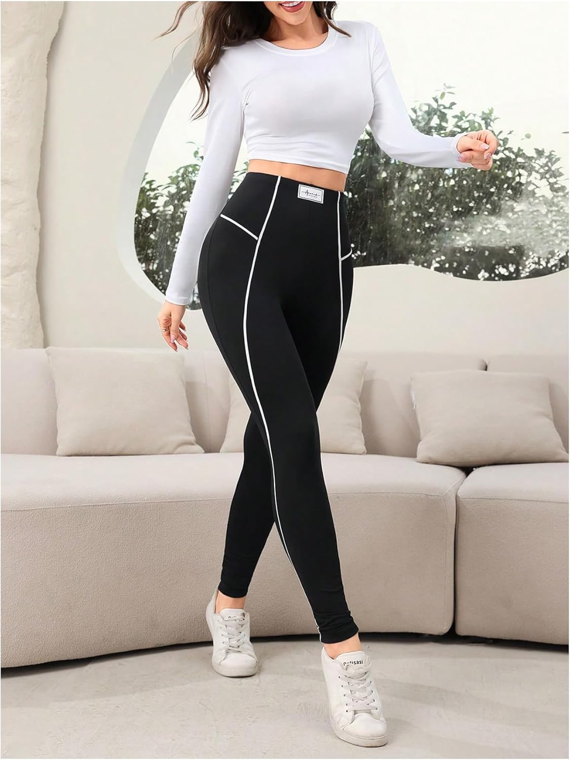 SOLY HUX Women's High Waisted Leggings Contrast Binding Letter Patched Workout Running Yoga Pants - Image 6