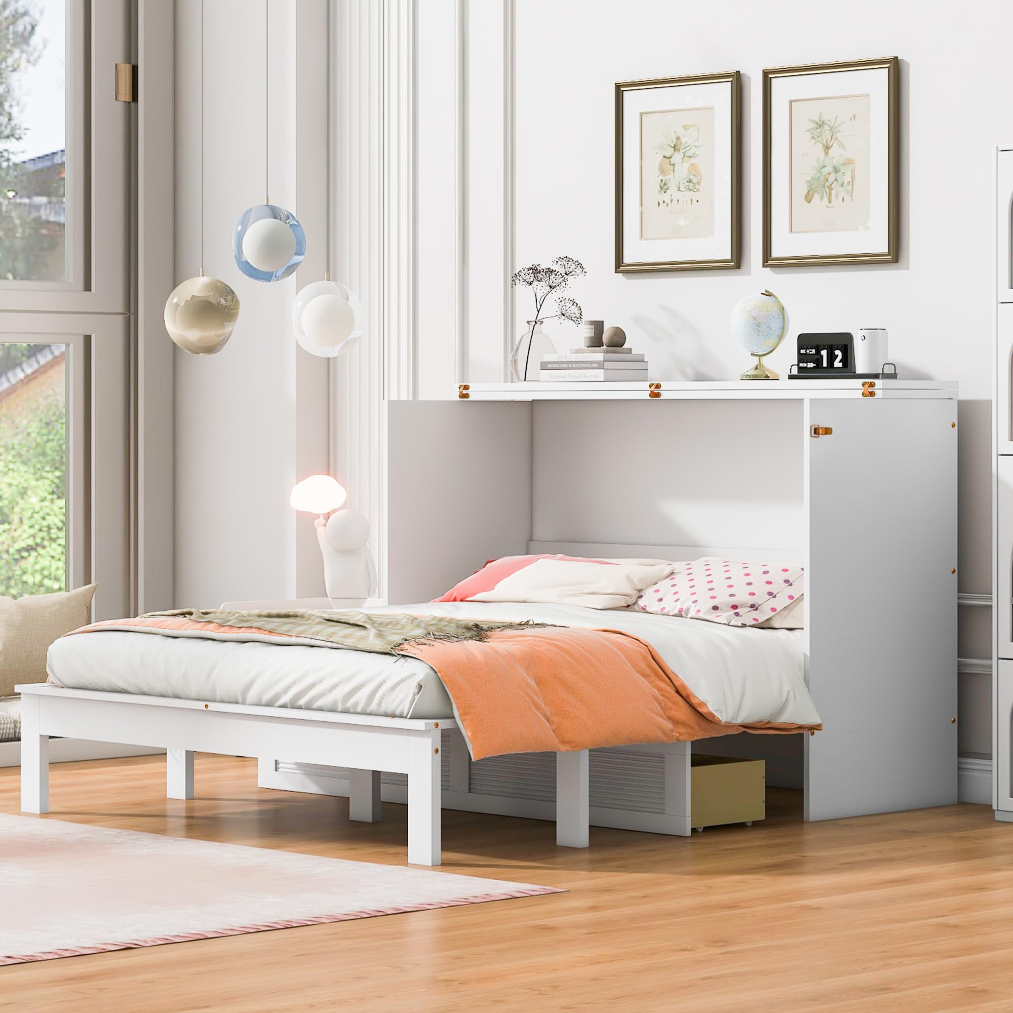 Queen Size Murphy Bed Cabinet with Charging Station and Large Storage Drawer, Solid Wood Platform Bedframe, Foldable/Space Saving, for Home Office Small Room, White