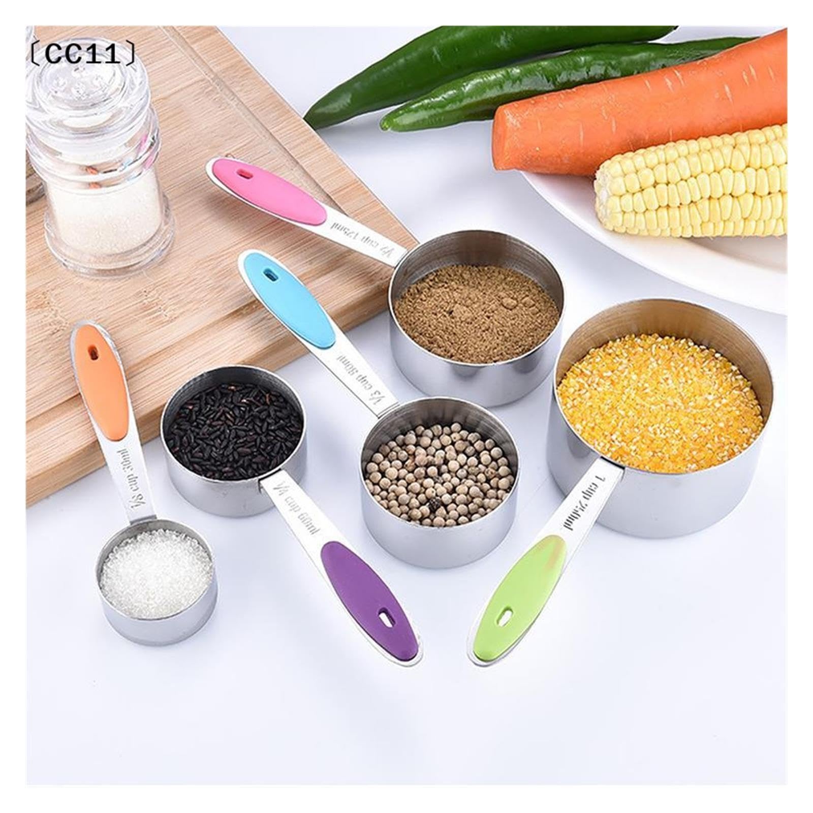 Juego de 5 tazas medidoras de acero inoxidable, cocina y repostería | Apto para lavavajillas, forma redonda para frascos de especias, mangos grabados, se cuelga con aro(Grey)