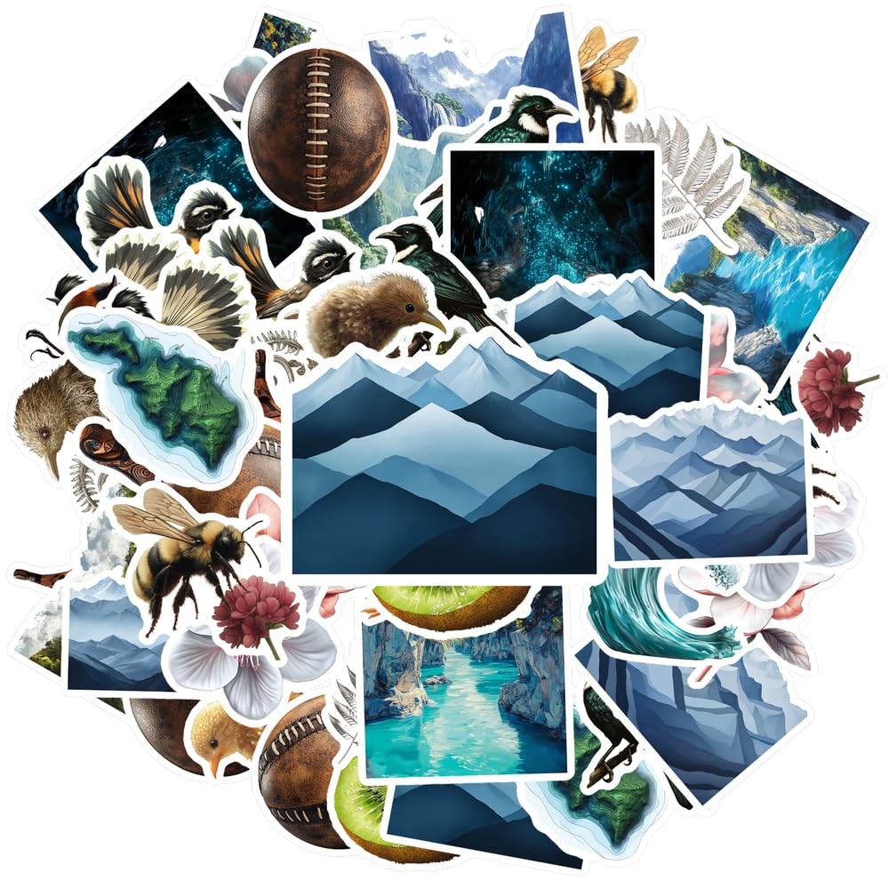 35Pcs Nature-Inspired New Zealand Stickers, Waterproof Vinyl New Zealander Themed Vacation Decals for Water Bottle Laptop Skateboard Helmet Party