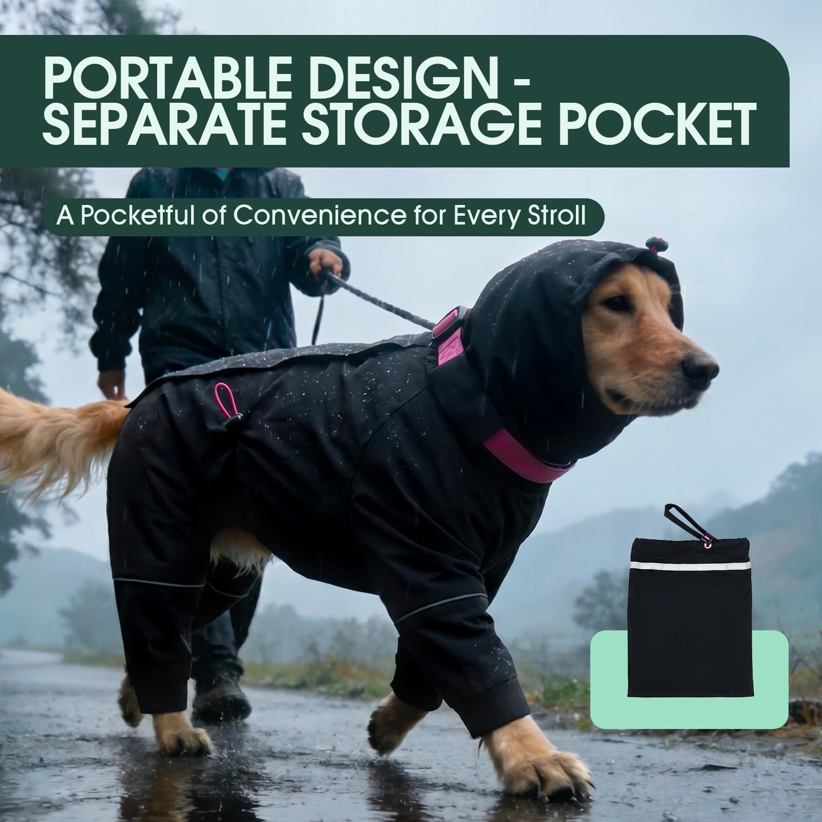 Kuoser Manteau de pluie imperméable pour chien avec capuche réglable Noir Taille XL | Manteau de pluie léger et respirant pour chien avec 4 pattes et col haut réglable réfléchissant
