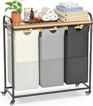 Laundry Hampers 3 Section, Laundry Sorter with Removable Shelf and Pull-Out Bags, Clothes Hampers with Wheels Rolling Cart Basket for Laundry Room Bathroom, 3 x 40 L Black White Gray