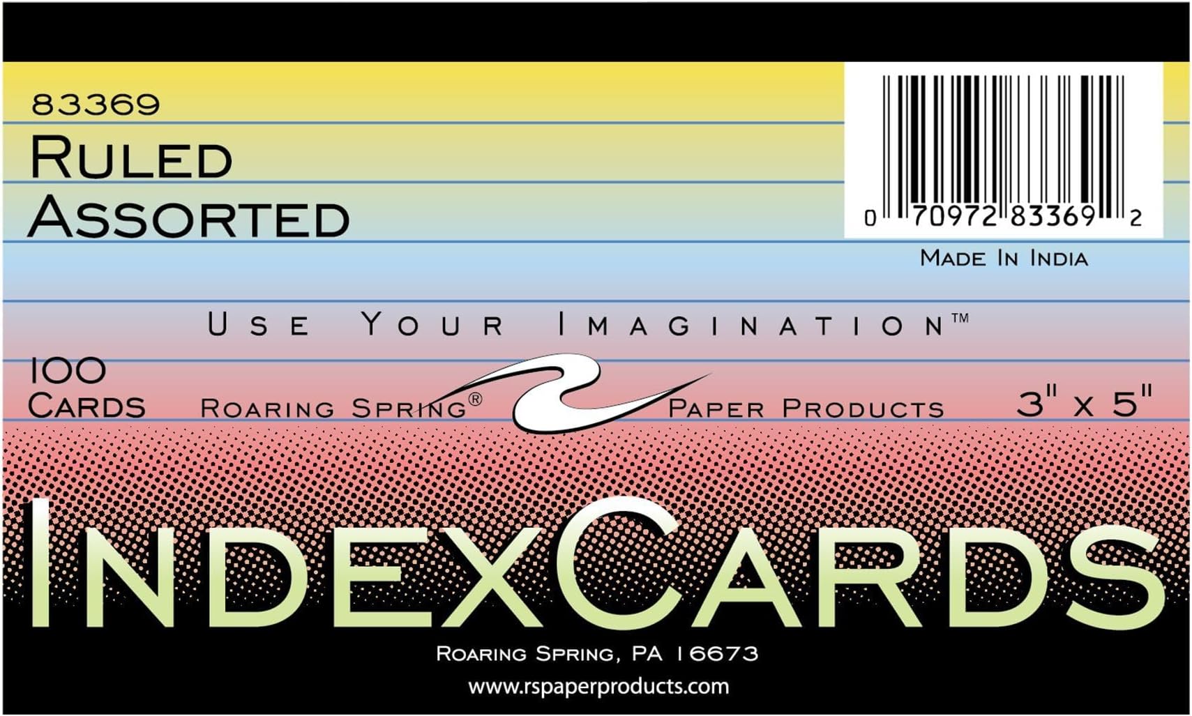 Roaring Spring Colored Index Cards 3"x5", 100 Count, Smooth 100# Index Paper, Ruled on Front, Blank on Back, 3 Colors (Pack of 1)