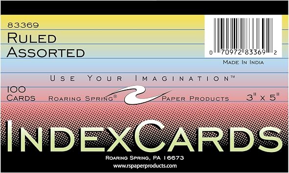 Roaring Spring Colored Index Cards 3"x5", 100 Count, Smooth 100# Index Paper, Ruled on Front, Blank on Back, 3 Colors Pack of 1
