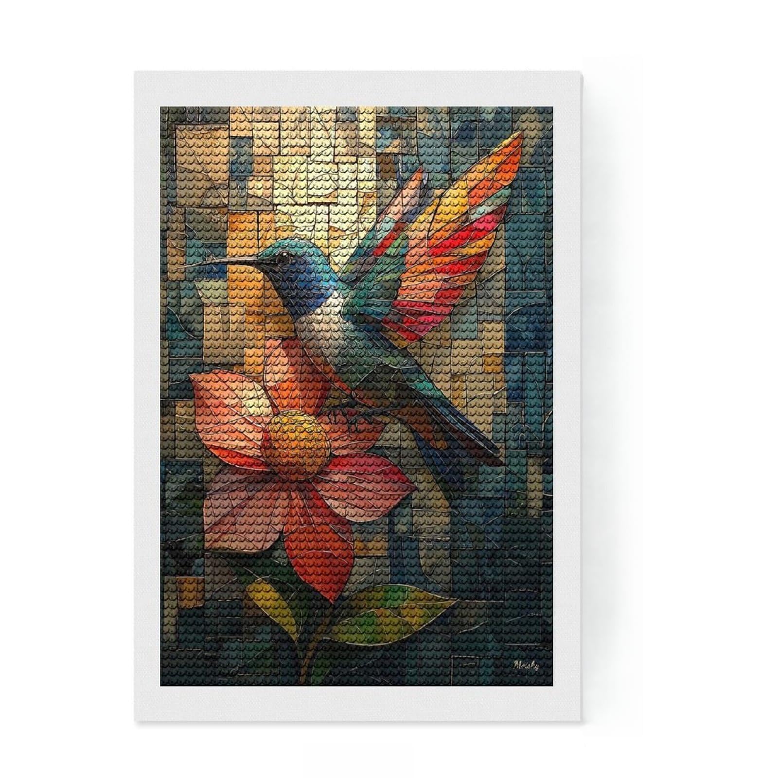 Junmoney Vibrant Hummingbird and Flower in Stained Glass Diamond Style Art Kit 8"x12", Winter Craft, Gift Idea, Farmhouse Decor, Thoughtful Present, Office Decor