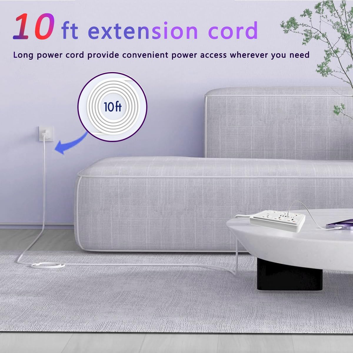 FANLIDE Power Strip with 45 Degree Plug and 10ft Long Cord, 6 Universal Socket, 13A 3000W Power Strip with Surge Protection, 6 USB Ports Desktop Charging Station(4 USB-A & 2 USB-C)