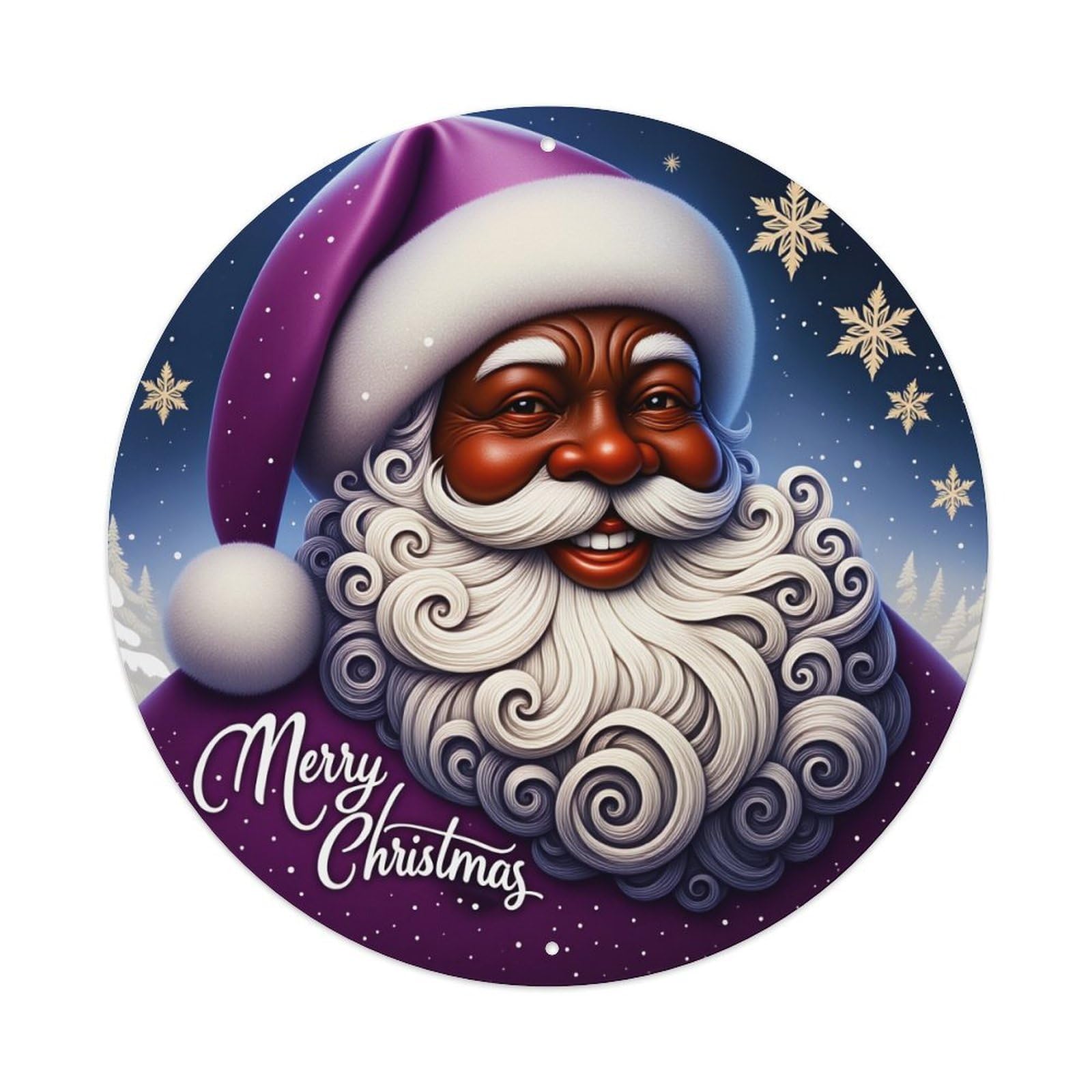 Santa Claus With Purple Hat And Snowflakes Round Tin Sign Retro Metal Sign for Cafe Bar Pub Home Game Room Gym Club Wall Decoration Vintage Metal Poster 8x8 Inch