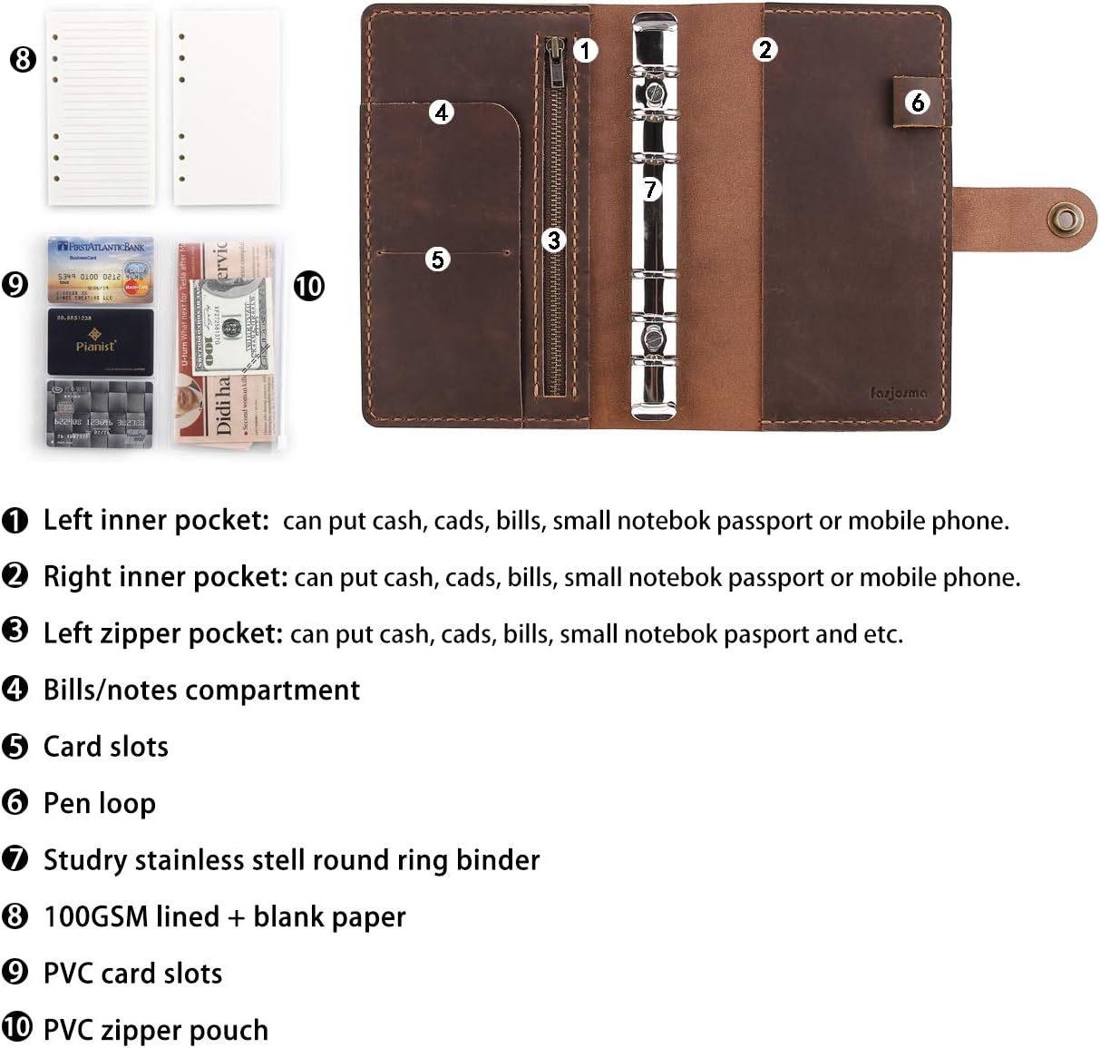 Leather Writing Journal Notebook Refillable, A6 Personal Size Traveler's Notebook with Pockets, 6 Ring Binder Planner Notebook with Pen Holder-BROWN