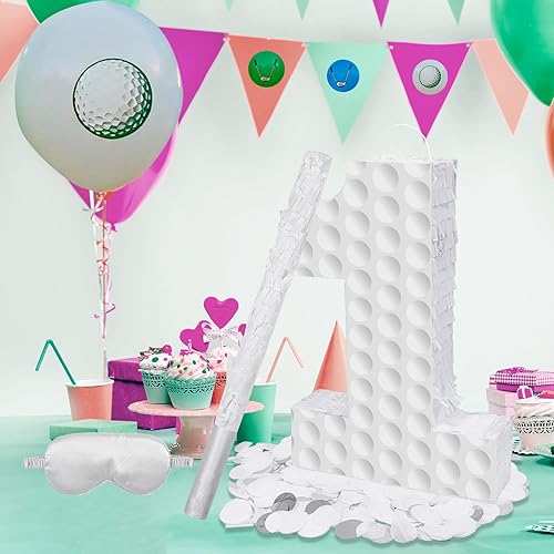 Miniatura 5 de Decoraciones de cumpleaños de golf, piñata número 3 con palo vendados y confeti, piñata temática deportiva, suministros para fiesta de tercer