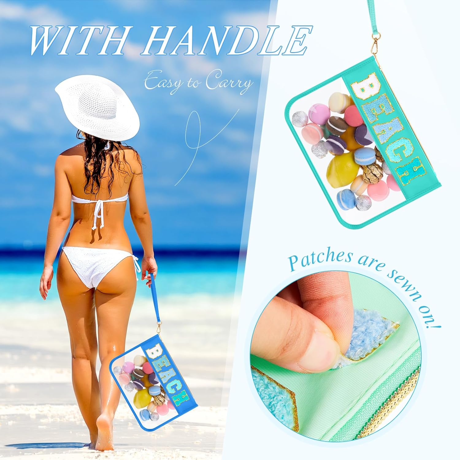 Kacctyen 6 Pcs Beach Bags Chenille Letter Clear Makeup Bag with Zipper Waterproof Cosmetic Toiletry Pouch with Handle Gym Travel Summer Gifts for Women (Teal, Beach) - Image 3