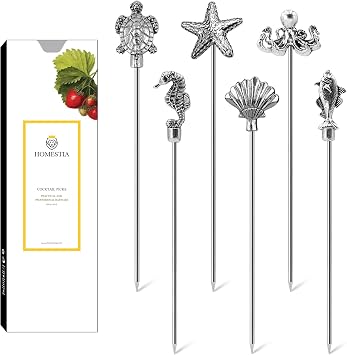 Homestia Ocean Cocktail Picks 6PCS, 4.7" Stainless Steel Marine Life Martini Picks, Sea Turtle Starfish Seahorse Octopus Shell Fish Drink Skewers for Cocktails Olives Appetizers
