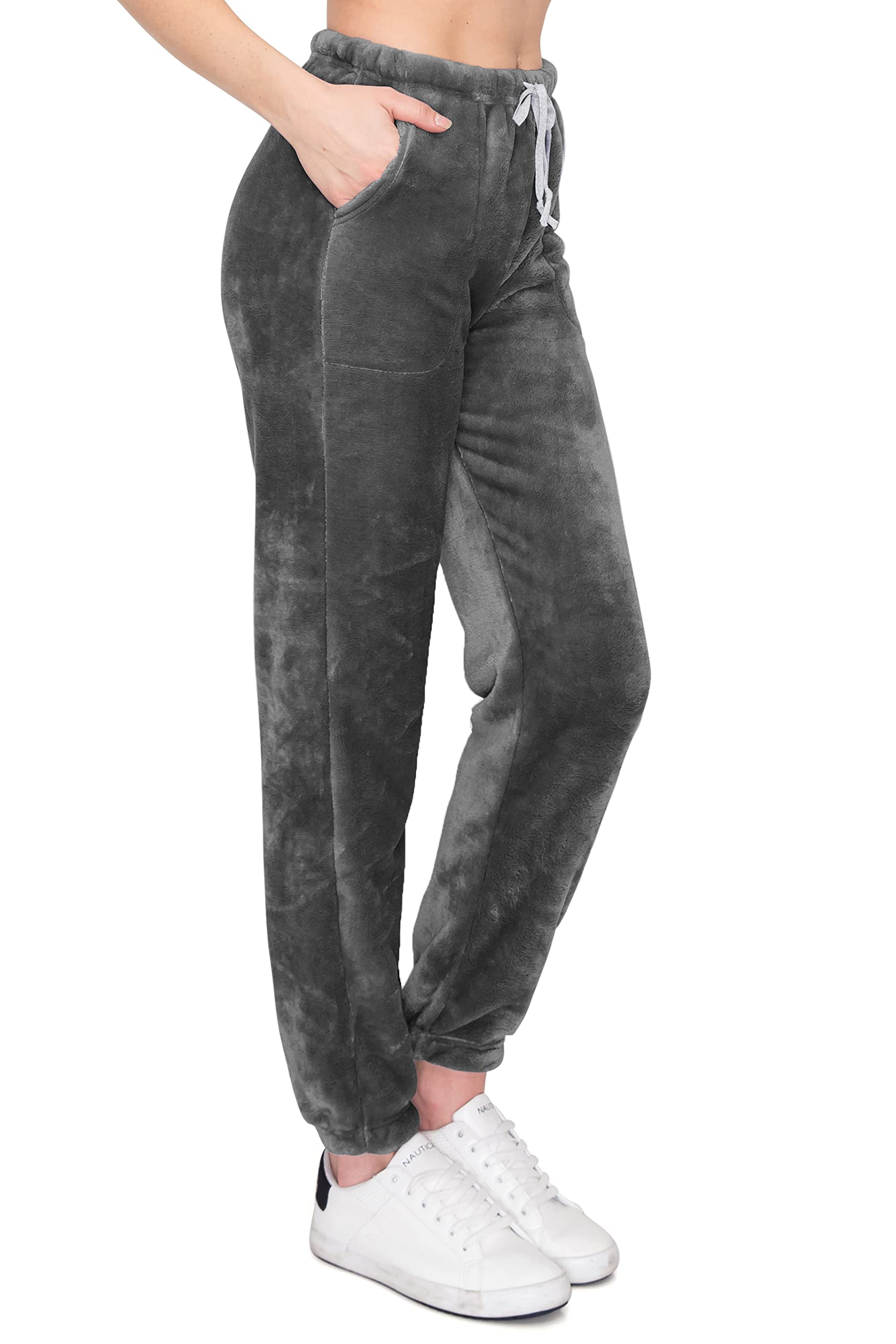 ALWAYS Pantalones de felpa mullidos para mujer, súper suaves, cálidos, cálidos, de invierno, para dormir, para dormir - negro - Large