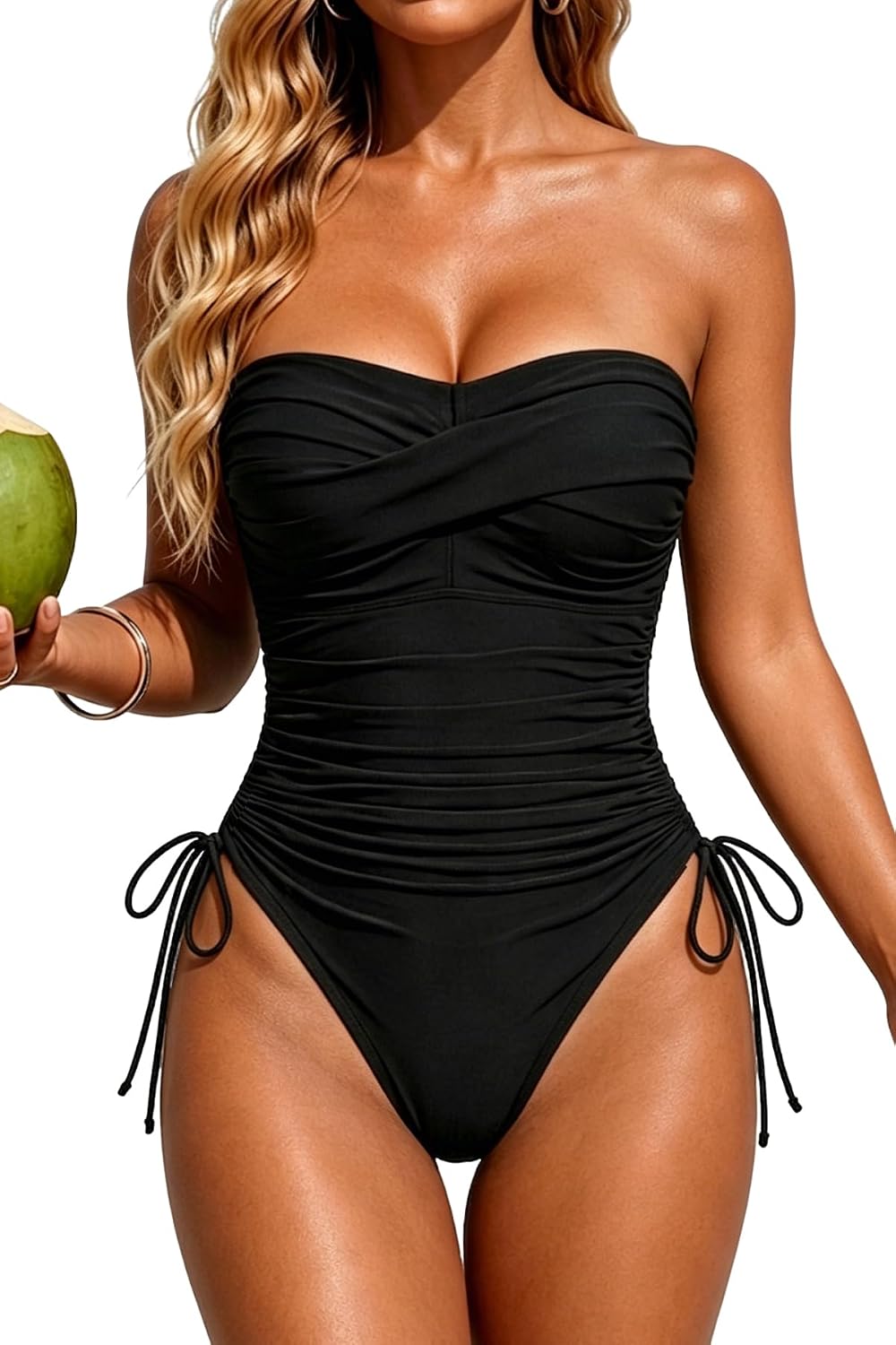 Tummy Control One Piece Swimsuit - Strapless Bandeau Bathing Suits for Women 2025 Cheeky High Cut Swimwear