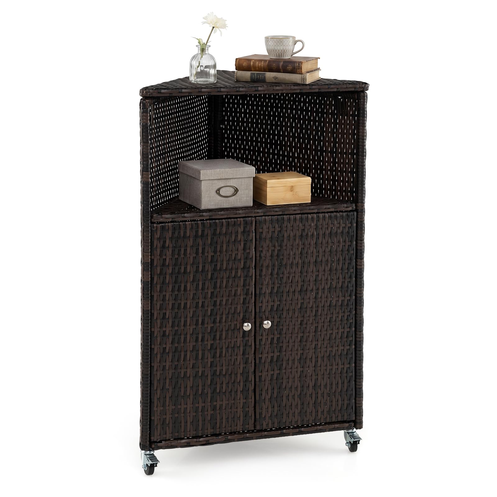 COSTWAY Gartenschrank Rattan Ecke, Terrassenschrank mit Rollen, offenem Fach und Doppeltür, Outdoor Aufbewahrungsschrank, Eckschrank für Garten, Terrasse, Balkon, 66 x 47 x 111 cm