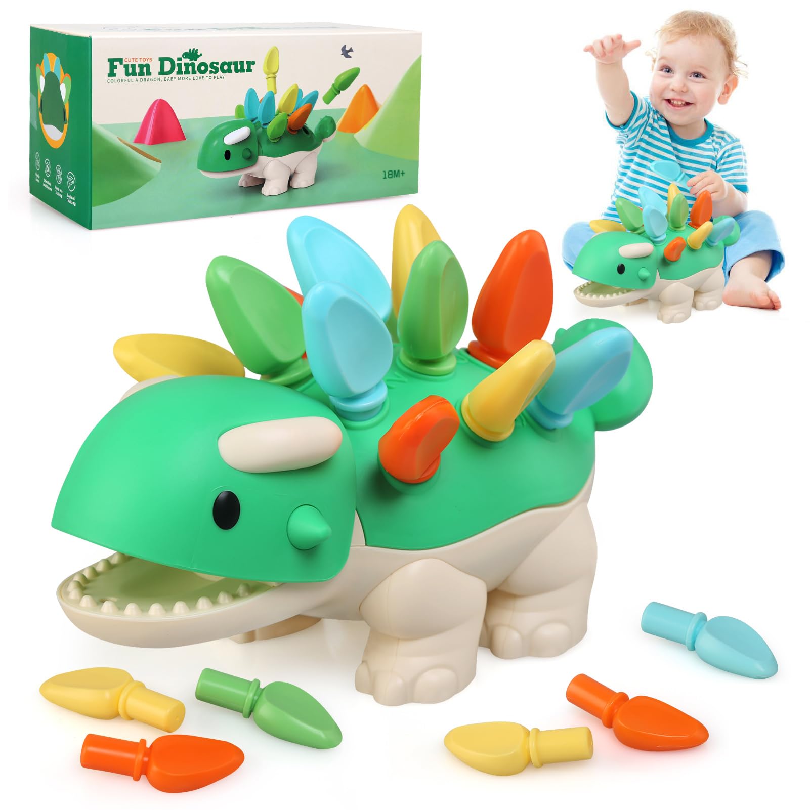 Nene Toys Dino Comilón – Juguete Montessori De Clasificación De Colores Para Niños De 2 Años | Incluye 12 Desafíos Con Tarjetas Doble Cara | Regalo Educativo De Madera