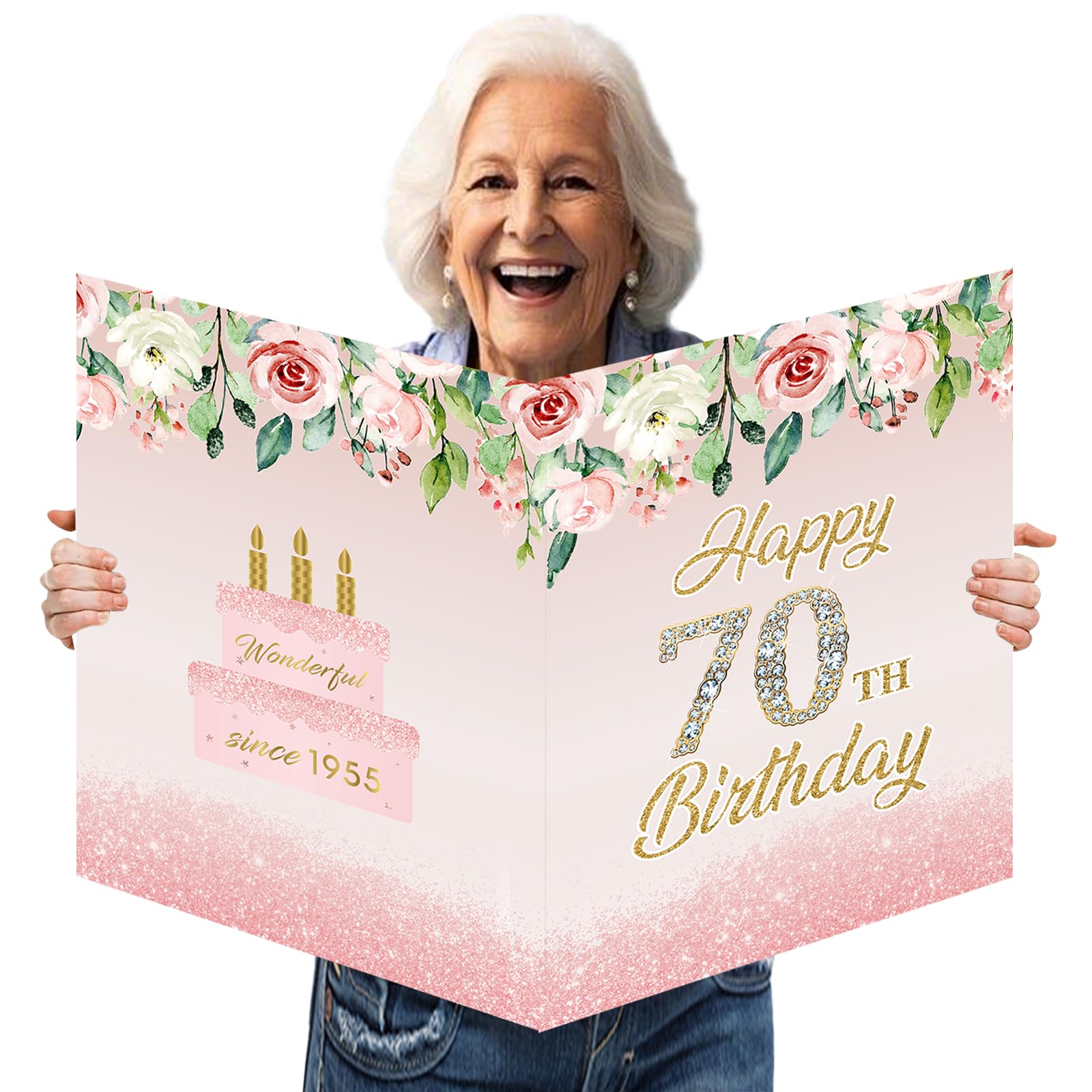 Large 70th Birthday Card with Envelope for Women, 22 x 14 Inch Pink Vintage 1955 70th Birthday Giant Guest Signature Book for Mother, Rose Gold Big