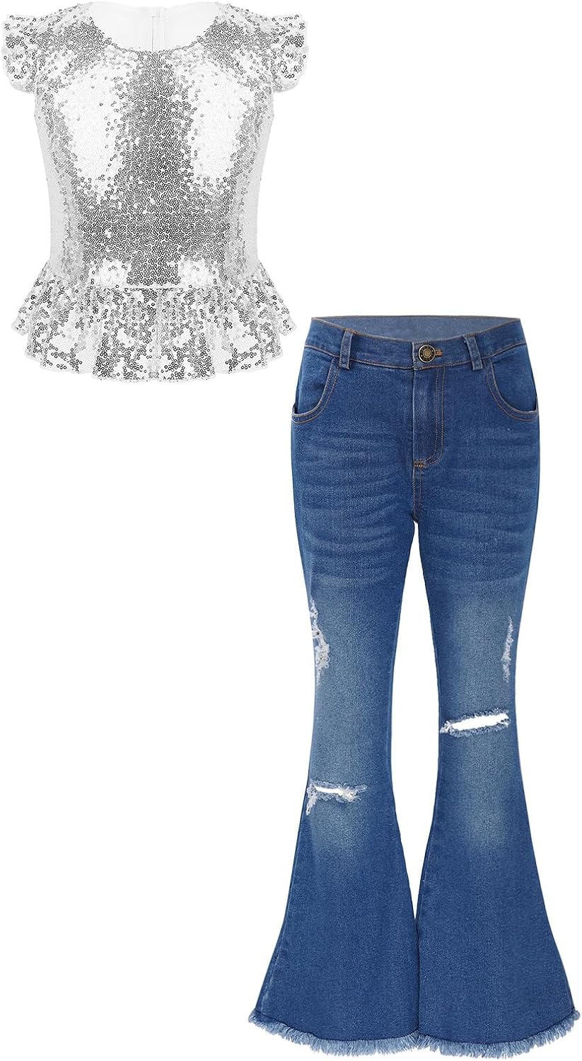 ranrann Girls 2Pcs Flared Outfits Sequins Ruffle Hem Dance Shirt Top with Bell Bottoms Denim Pants Set Summer Clothes
