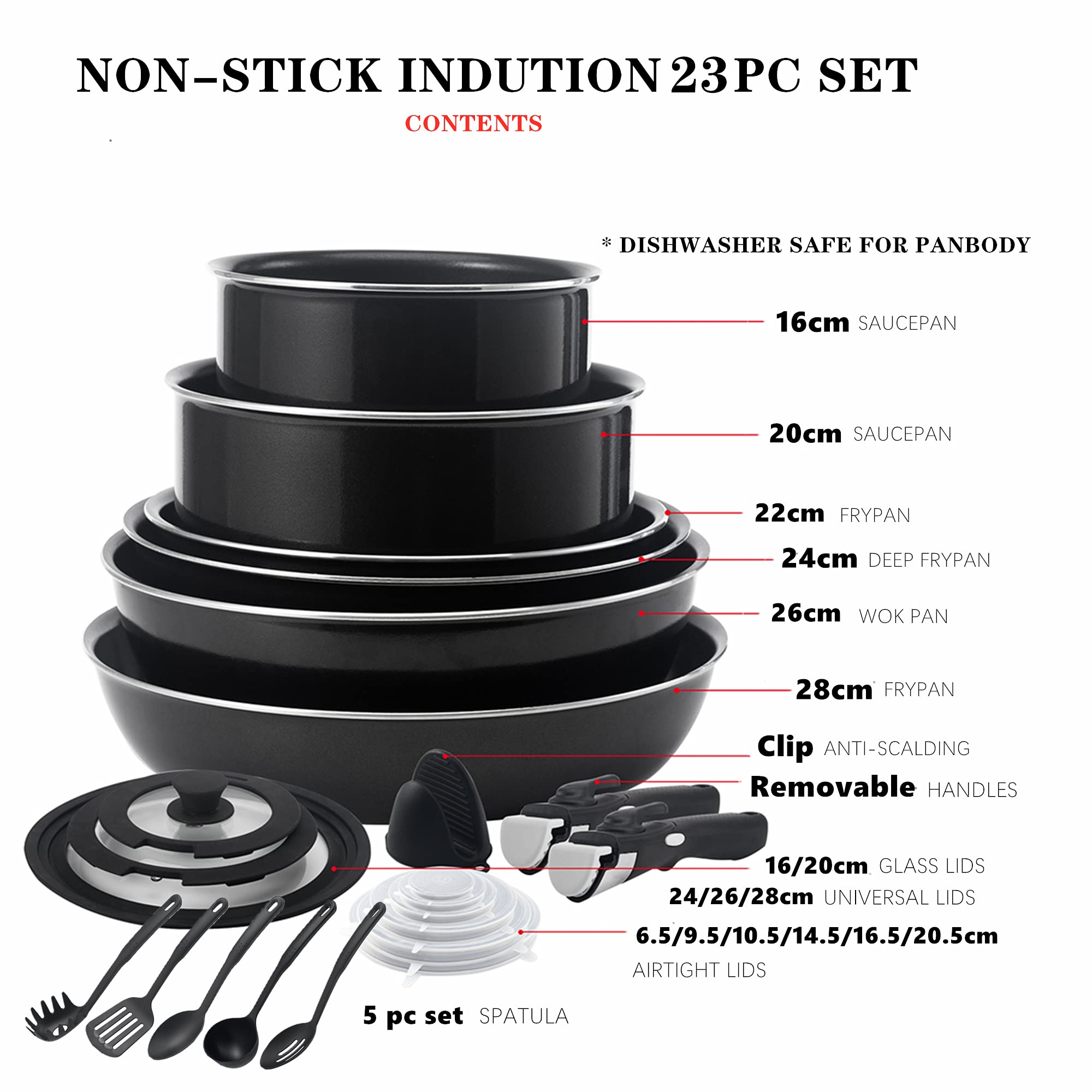 lzteck 23 Pieces Non-Stick Cookware Set,Stackable Pans and Pots Set with Removable Handles, Space Efficient for RVs and Camping,Oven,Induction,Gas,Electric & Stovetops,Dishwasher Safe