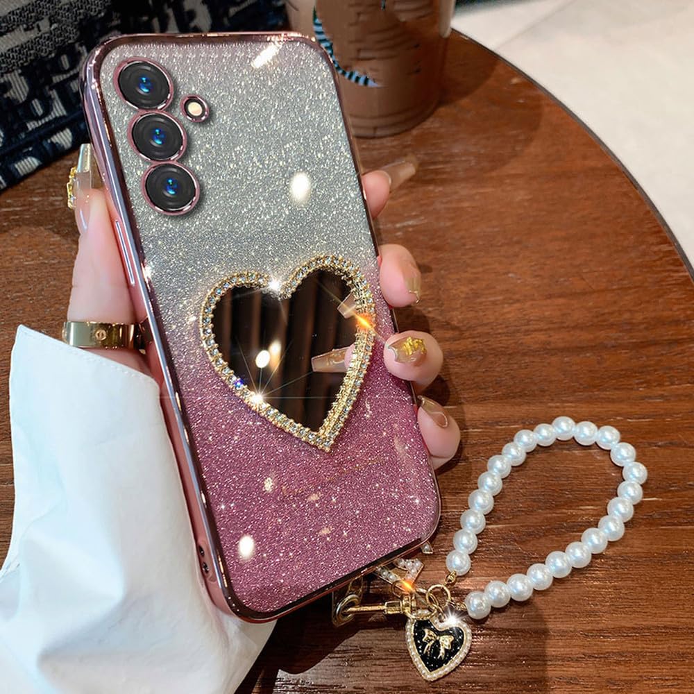 Coque Samsung Galaxy A05S lanière bracelet perles diamant miroir rose - 5