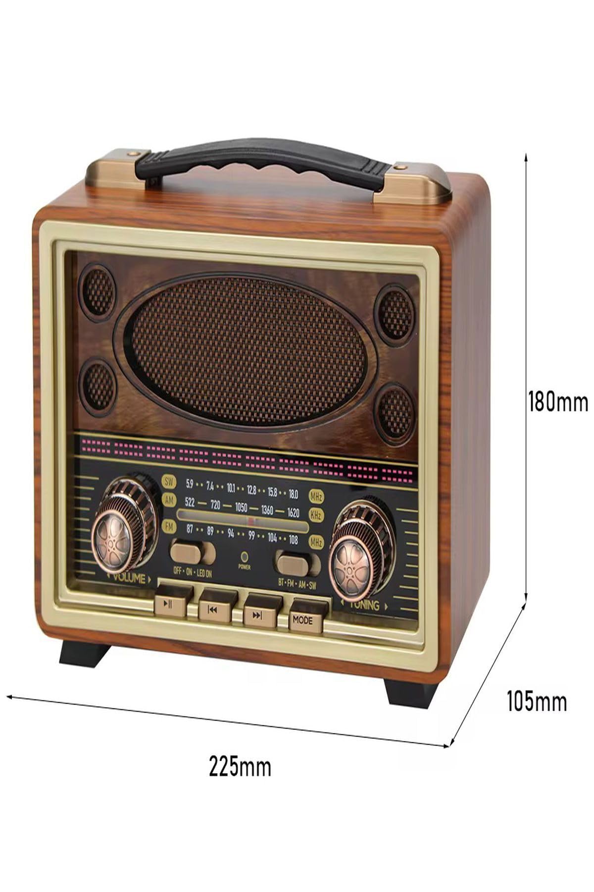 Ultratekno M-2027BT Gerçek Ahşap Eskitme Kaplama Radyo Fm Am Sw USB Tf Aux Destekli Bluetooth Hoparlör, Kahverengi