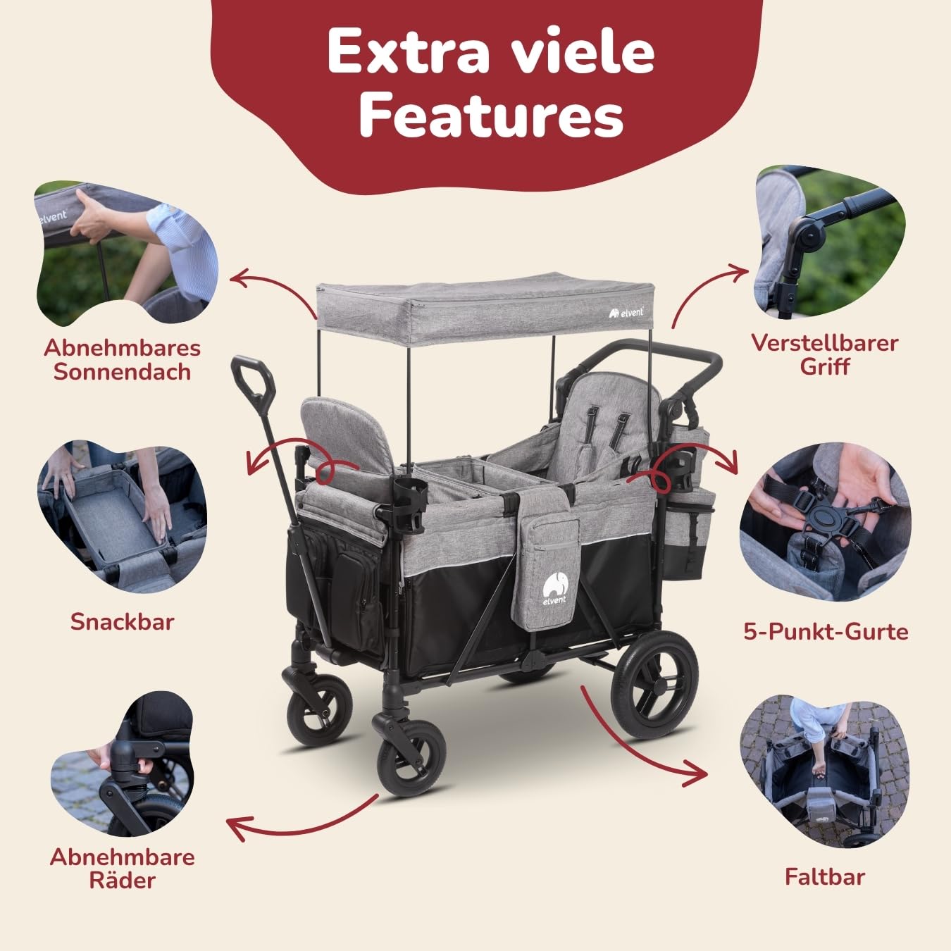 elvent® ComfortPlus 2 Sitzer Bollerwagen - Handwagen faltbar mit Dach I Feststellbremse, PU-Reifen, 5-Punkt-Gurt I für 2 Kinder (grau)