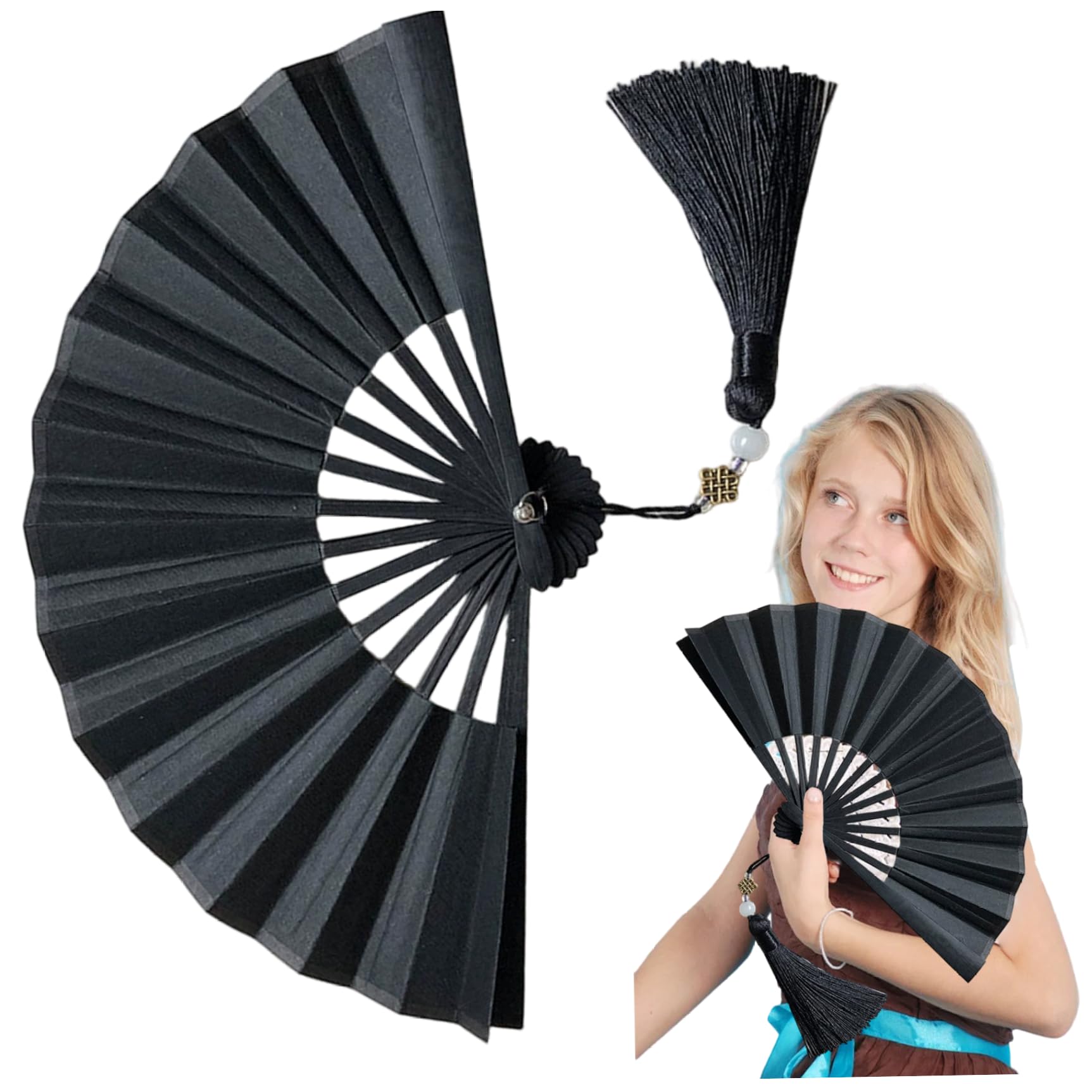 Bemonew Hand Fan - Paper Folding Fan with Bamboo Handle, Portable Handheld for Crafting, Wedding Favors, Dance, Photography Props and Personal Use, Black