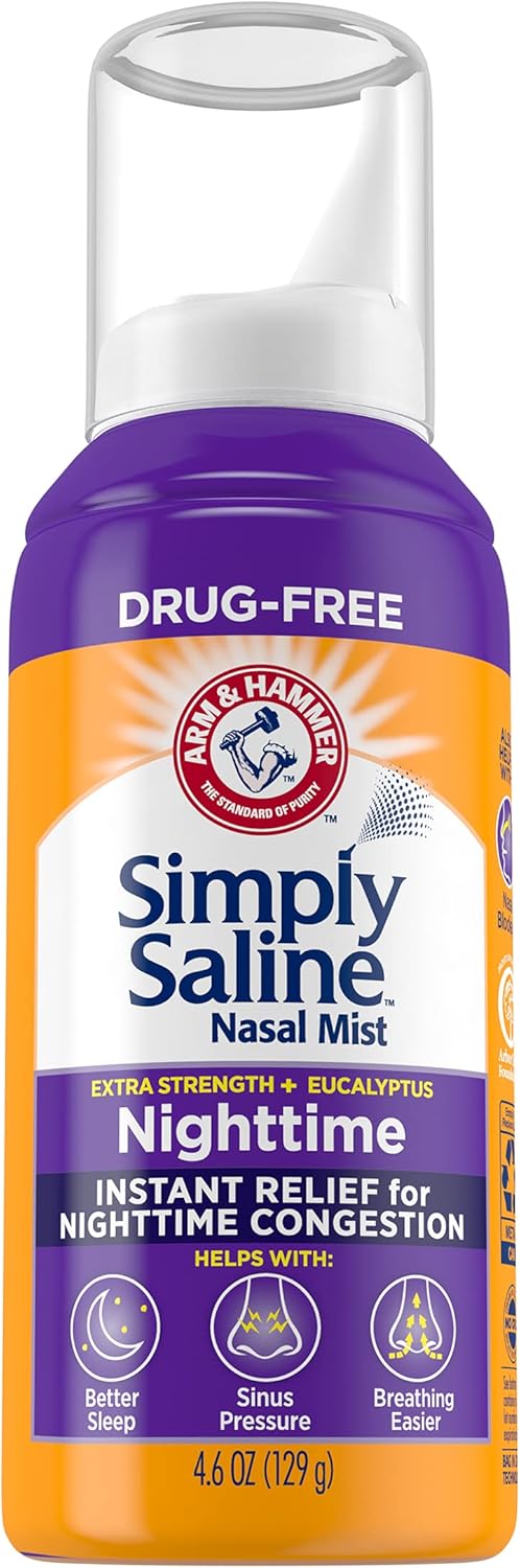 Arm & Hammer Simply Saline Nasal Mist Nighttime Extra Strength with Eucalyptus, Drug-Free Instant Relief for Congestion, 4.6 oz (Pack of 3)