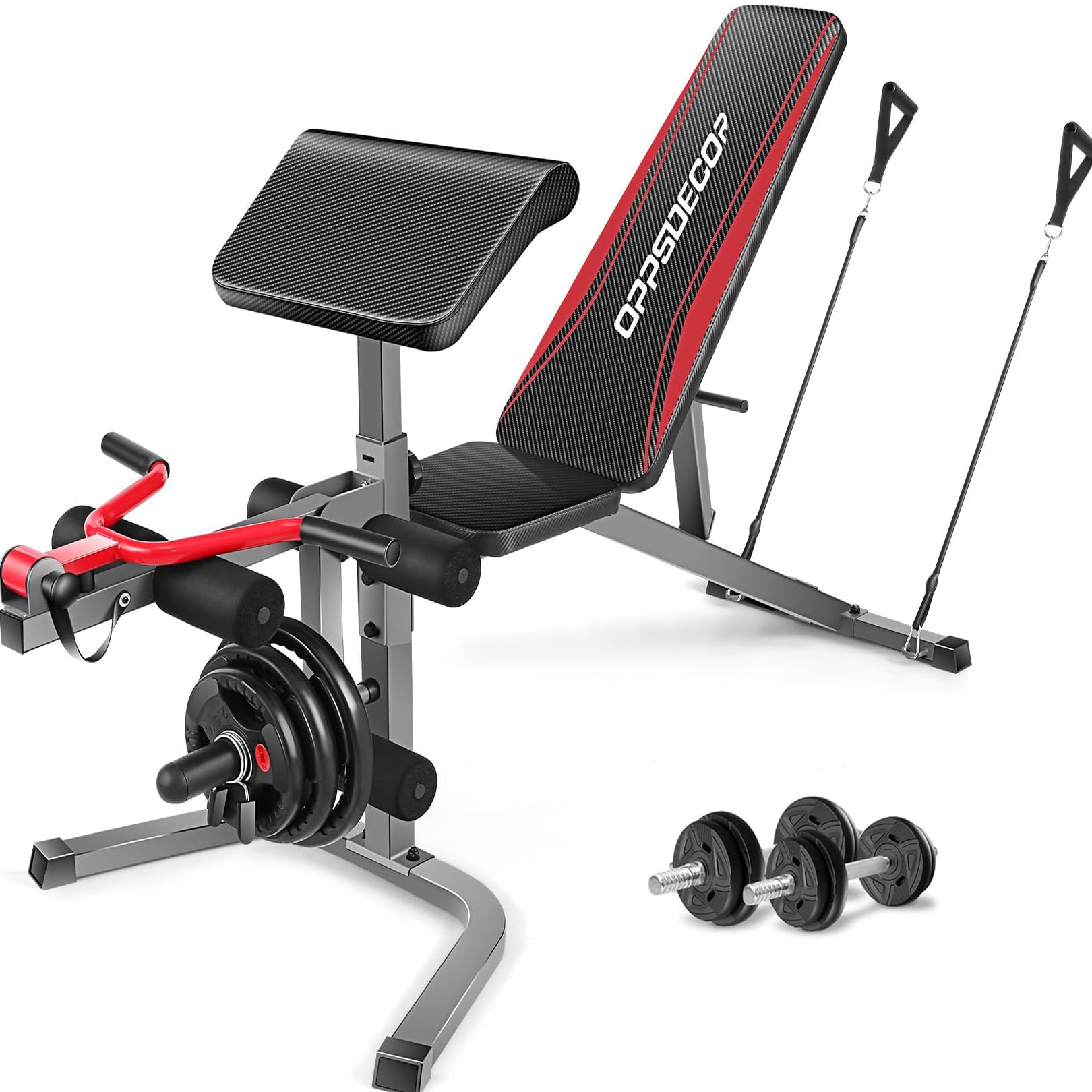 OPPSDECOR900LBS Adjustable Weight Bench Press with Leg Extension and Preacher Curl Pad, Flat Incline Decline Utility Workout Bench for Home Gym Exercise