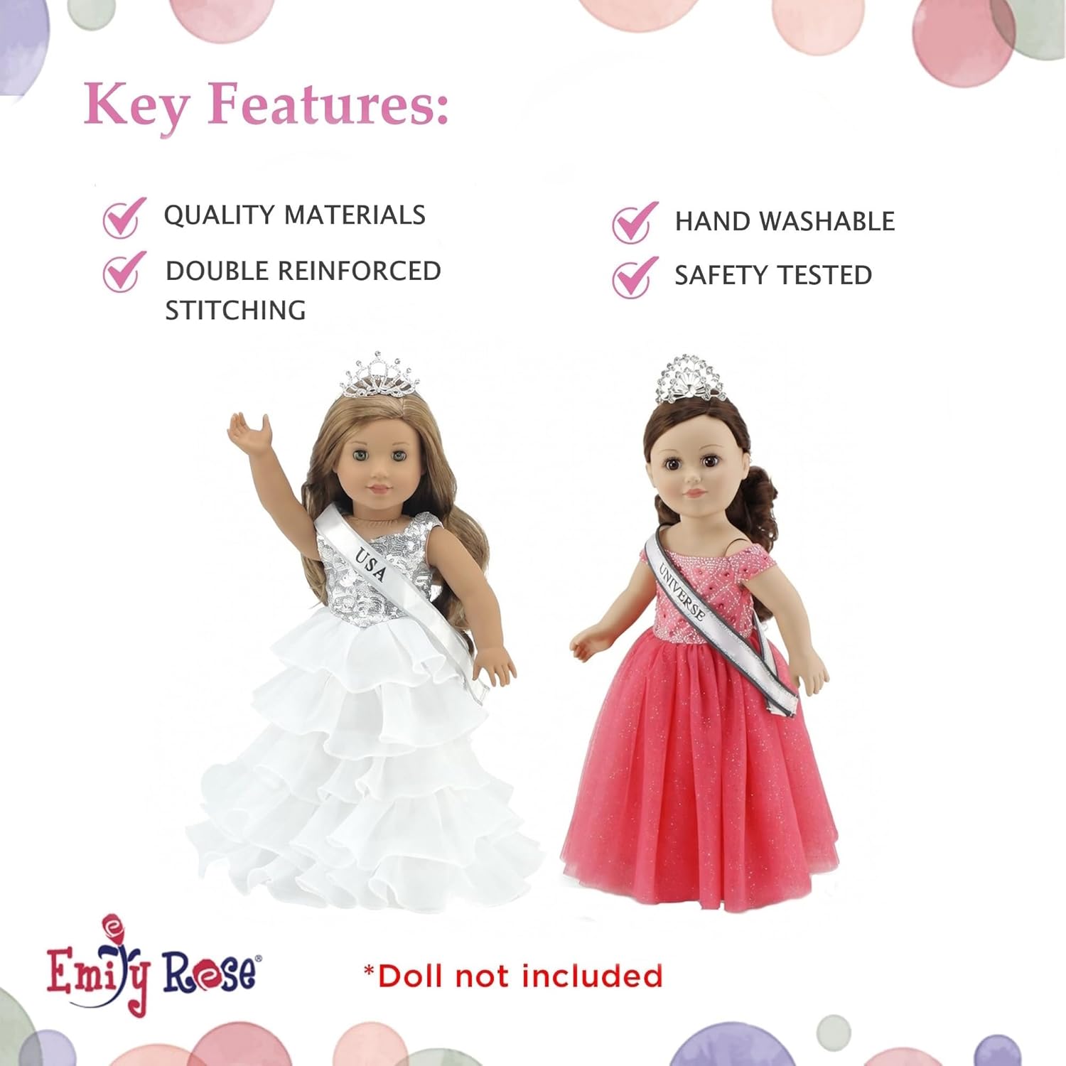Emily Rose 18 Inch Doll Clothes 6-PC Pageant Dress & 18" Doll Accessories Bundle with Sashes & Crowns | Toy Gift Set for 5+ Little Girls Set | USA American Business | Double Reinforced Stitching