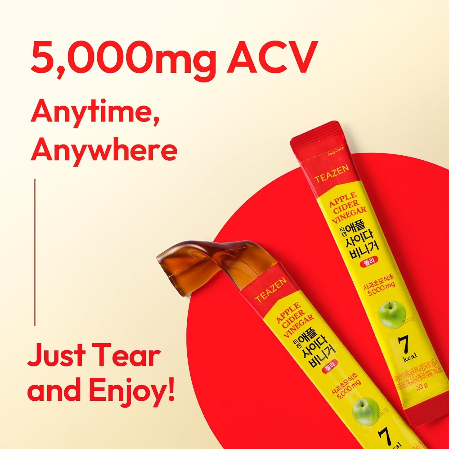 TEAZEN Apple Cider Vinegar Stick Jelly, 5,000mg ACV with the Mother, Soft Chews, Sugar-Free, Low Calorie, Postbiotics, Refreshing Drink After Meals, 14 Individual Packets